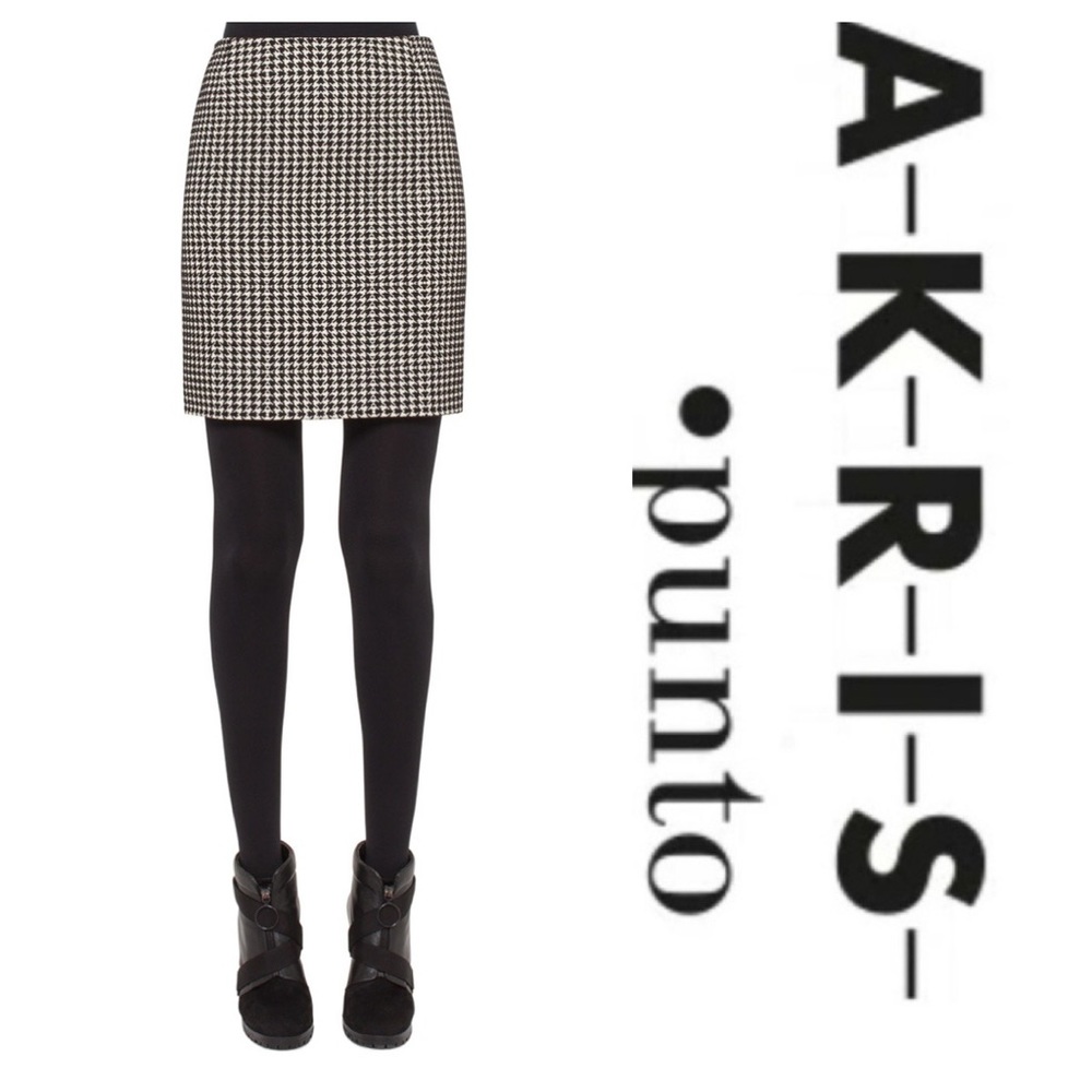 Akris Punto Houndstooth Pencil Mini Skirt Size 2 Black Cream Check Wool Blend